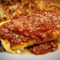 Italian Omelette · Ground beef, onions, Italian seasoning, Italian  sausage, mushrooms, spinach, scramble, mari...