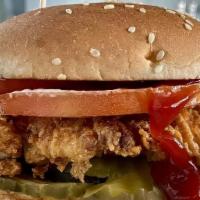 Crispy Chicken Sandwich · Hamburger bun, home aioli mayo, dill pickles and tomato.