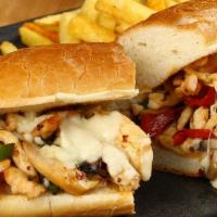 Old School Chicken Philly Sandwich · Tender grilled, chopped, grilled chicken with your choice of melty cheese, grilled onions an...