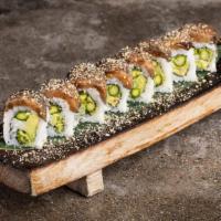 Faceplant · Jicama, avocado, cucumber roll topped with marinated Japanese eggplant and crushed sesame se...