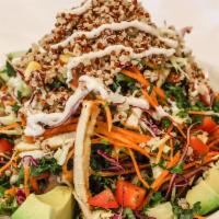 12. Quinoa Salad · Gluten-free. Raw kale, carrot, red cabbage, tomato, cucumber, tofu, corn, avocado, and sunfl...