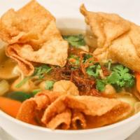 N18. Wonton Noodle Soup · Onion and garlic. Fried wonton, rice noodle, broccoli, bok choy, carrot, org. tofu, soy prot...