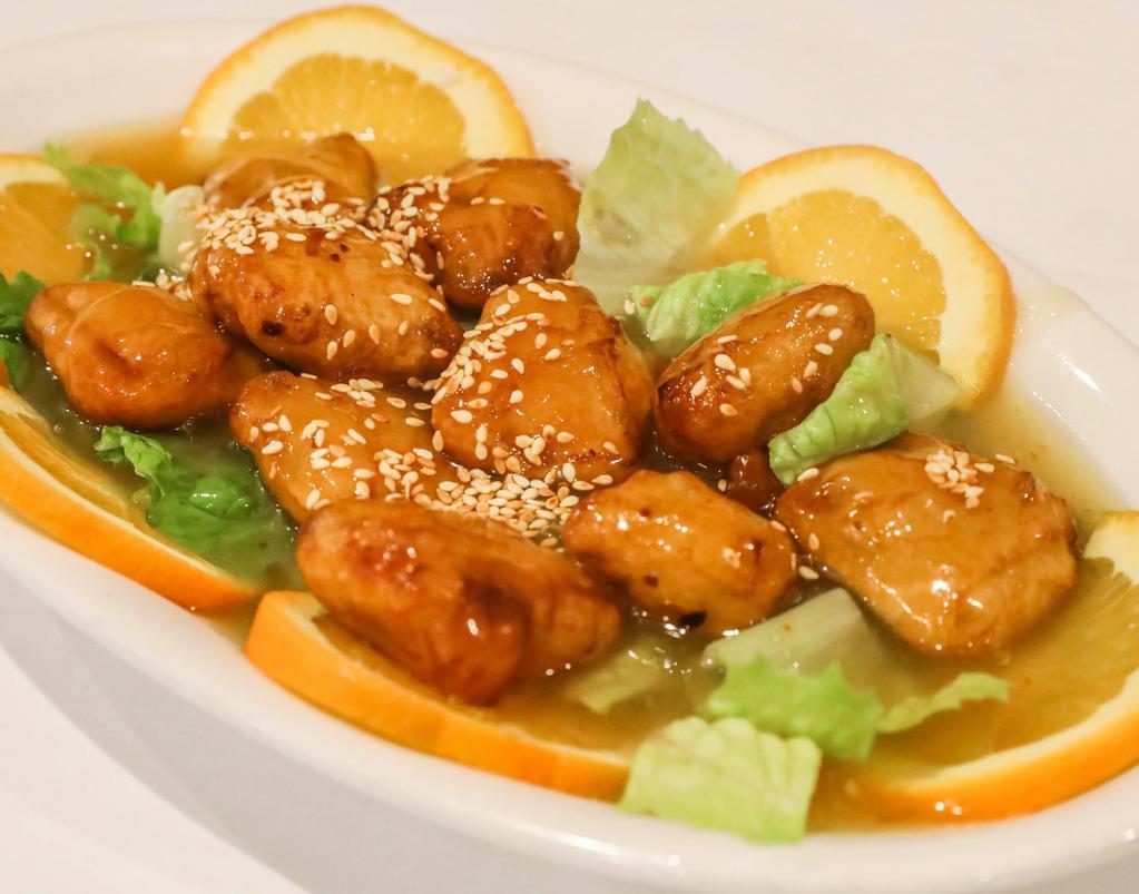 30. Sweet Orange · Batter-fried soy-protein cooked in sweet & sour orange sauce.