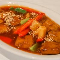 31. Sweet & Sour Savory · Batter soy protein, pineapple, red and green bell pepper, in sweet and sour sauce.