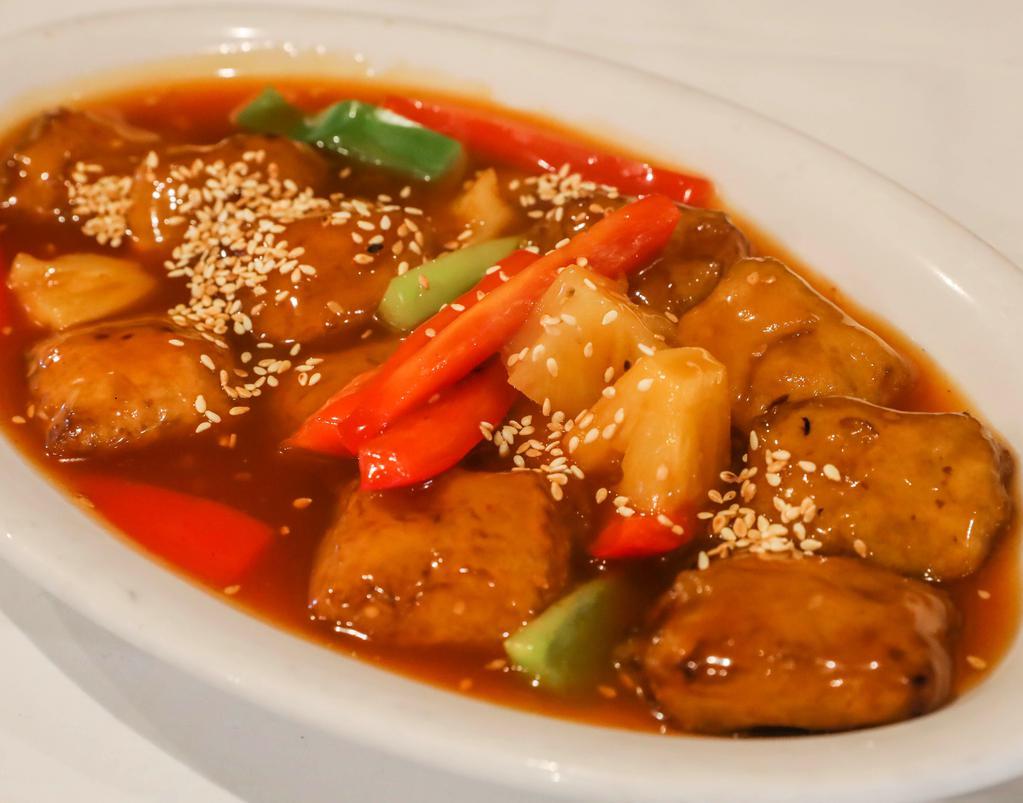 31. Sweet & Sour Savory · Batter soy protein, pineapple, red and green bell pepper, in sweet and sour sauce.