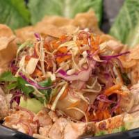 Samurai Chopped Salad · Grilled chicken breast, red & green cabbage, cilantro, shredded carrots, served with wafu dr...