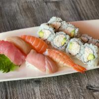 **Sushi Combo · Yellowfin tuna, albacore, yellowtail, salmon, cooked shrimp served with a California roll (5...