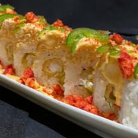 Flamin' Hot Cheetos Roll · Shrimp tempura, cream cheese, avocado, topped with spicy crab, spicy spy sauce, Flamin’ Hot ...