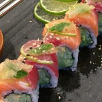 **Lime & Dine · avocado, cucumber, topped with salmon, tuna, lime, ponzu sauce, Persian lime olive oil, sesa...