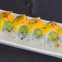 **Behind the Scene · Salmon, cucumber, avocado topped with mango, sriracha, jalapeño, sesame seeds drizzled with ...