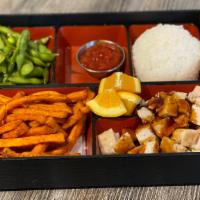 Kids Spy Box · Bento box with children portions (includes rice, sweet potato fries, edamame, and one item).