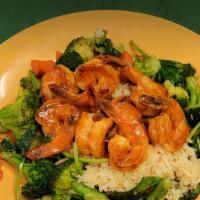 Spicy shrimp  · Spicy shrimp , rice, sautéed, vegetable and garlic breab