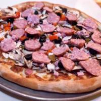Super Deluxe · Mushrooms, anchovies, peppers, green onions, ham, sausage, and black olives