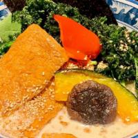 Creamy Ramen (Vegan) · Spinach vegan wheat noodle in a rich, sweet creamy vegan broth made with shiitake mushroom “...
