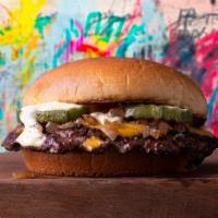 Smash Cheeseburger · Ground brisket, chuck, and short rib smashed patty, american cheese and our dirty sauce on a...
