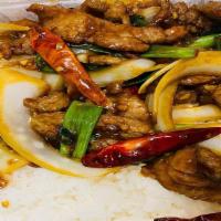 Mongolian Beef Over Rice   蒙古牛飯 · Hot & Spicy.