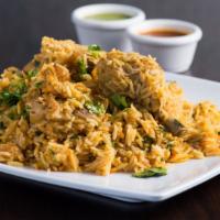 Chicken Zaffrani biryani · Tender chicken and the finest basmati rice flavored with saffron.