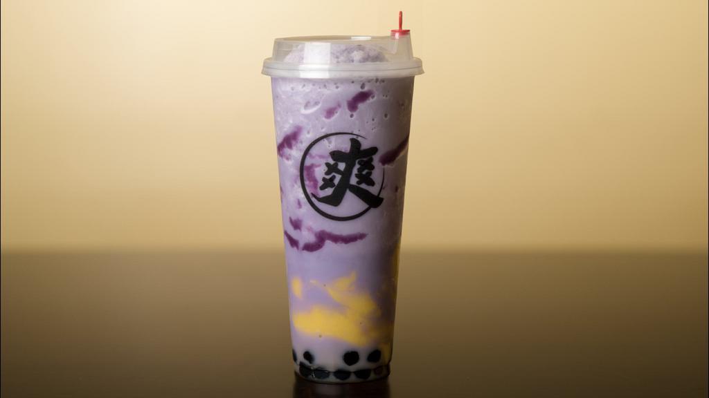 Suncha Ube Iced Milk/Boba & Pudding | 紫薯奶香布丁珍珠鮮奶 · Two Toppings are Included | Recommend Brown Sugar Honey Boba + Egg Pudding | 飲料已附兩種配料 | 推薦黑糖蜂蜜珍珠＋雞蛋布丁