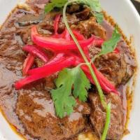 Beef Rendang · Spicy Braised Beef, Kaffir Lime Coconut Curry, Creamy Pandan Polenta