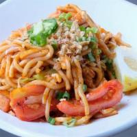 Mee Goreng · Wok Fired Spicy Egg Noodles, Shrimp, Cabbage, Tofu, Tomato, Potato, Bean-Sprouts