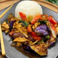 Spicy Eggplant Rice Plate · Sautéed your choice of meat with bell peppers, white onions, eggplants, and basil leaves wit...