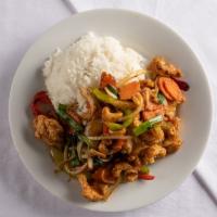 Crispy Cashew Nut Chicken · Sautéed deep-fried chicken with bell peppers, white onions carrots, green onions, cashew nut...