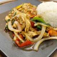 Spicy Basil Rice Plate · Sautéed your choice of meat with bell peppers, white onions, carrots, green beans, and basil...
