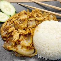 Garlic Rice Plate · Sautéed your choice of meat with yellow onions and  homemade garlic sauce over steamed rice.