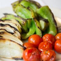 Charbroiled Veggies · Bell pepper, onion, and cherry tomatoes, charbroiled on a skewer.