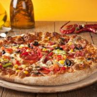 Gruyere Cheese & Mushroom Pizza · Delicious pizza with gruyere cheese, mushrooms, roasted red onions, thyme, and cream sauce.