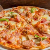 Spicy Hot Dog Pizza · Delicious pizza with spicy hot dog, turkey bacon, onions, mushrooms, and sausage.