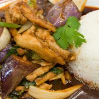 Basil Eggplant Chicken · Sauteed with bell pepper, onion, basil, and chili garlic sauce. Includes steamed white jasmi...