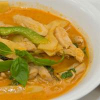 Red Curry Chicken · bamboo shoots, bell pepper, basil, red curry spices and coconut milk. Includes steamed white...