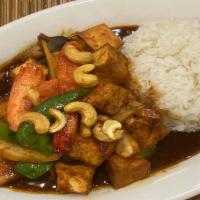 Cashew Nut Tofu · Sauteed with mushrooms, onion, bell pepper, carrots and roasted sweet chili paste (no fish s...