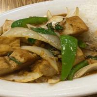 Basil Tofu · Tofu sauteed with basil, onion, and bell pepper in chili garlic sauce (no fish sauce).  Incl...