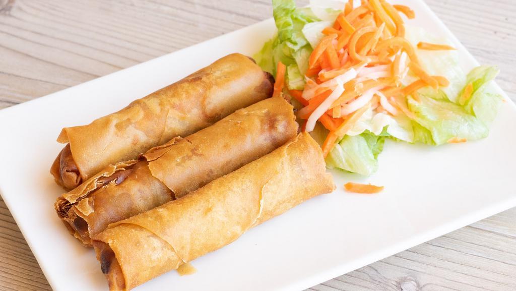 House Egg Rolls | Chả Giò · -3- Fried egg rolls with egg, chicken, shrimps, crab meat, taro, carrots, onions, jicama, clear vermicelli, side of house fish sauce.