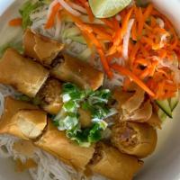 Egg Rolls | Chả Giò · Fried egg rolls with a choice of base, lettuce, cucumber, daikon, carrots, green onions.