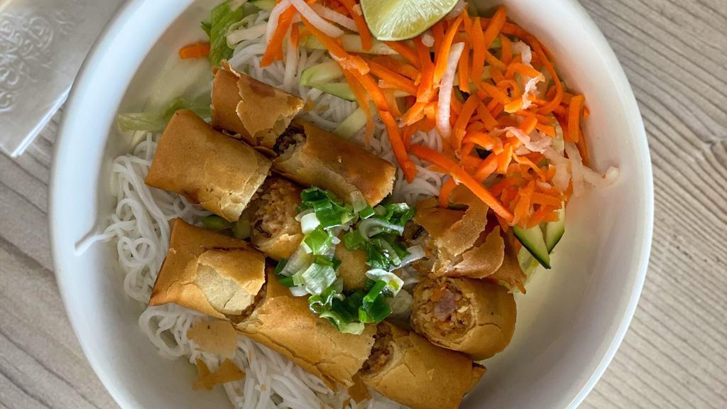 Egg Rolls | Chả Giò · Fried egg rolls with a choice of base, lettuce, cucumber, daikon, carrots, green onions.