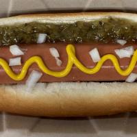Jumbo Classic Hotdog · Hotdog w/ sweet relish, sweet onion, and mustard.