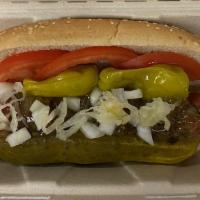 Chicago-Style Hotdog  · Hotdog w/ sweet relish, sweet onion, sauerkraut, peperoncini, tomato, pickle, and mustard.