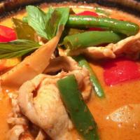 #43 Red Curry · Medium spicy curry with chicken or beef or tofu or prawns basil, bamboo shoot, red bell and ...