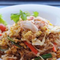 #48 Spicy Crab Noodle · Stir-fried rice noodle with real crab meat, onion and egg in chili garlic sauce.