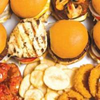Business Variety Box · Includes eight gourmet burgers (with your choice of patties and buns, lettuce, tomato, onion...