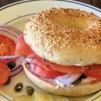 Lox Sandwich (Smoked Salmon) · Cream cheese, caper, tomato, cucumber, and onion. With Bagel, Bread, Baguette, English Muffi...