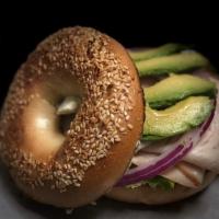 Alameda Special Bagel · Lettuce, Tomato, Cucumber, Red Onion, Avocado, Choice of Cream Cheese, and Choice of Meat.