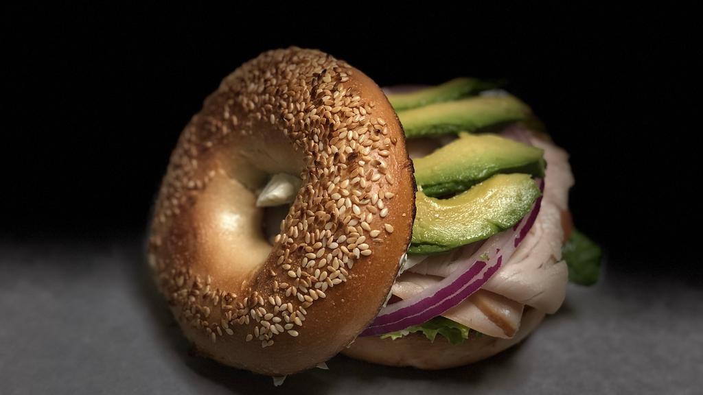 Alameda Special Bagel · Lettuce, Tomato, Cucumber, Red Onion, Avocado, Choice of Cream Cheese, and Choice of Meat.