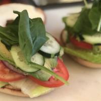 Veggie Sandwich (Vegetarian) · Vegetarian. Cream cheese, lettuce, tomato, cucumber, onion, spinach, and avocado. With Bagel...