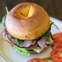 Black Forest Ham Sandwich · Mayonnaise, mustard, lettuce, tomato, onion, spinach, and pepper jack cheese. With Bagel, Br...