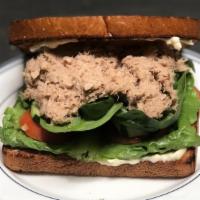 Tuna Sandwich · Mayonnaise, lettuce, tomato, cucumber, onion, and spinach. With Bagel, Bread, Baguette, Engl...