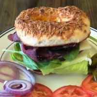 Pastrami Sandwich · Mayonnaise, mustard, lettuce, tomato, onion, spinach, and pepper jack cheese. With Bagel, Br...
